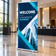 Custom retractable conference banner beside a meeting room