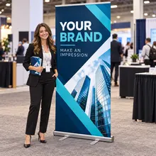 Attendee standing beside a custom retractable banner at an indoor event