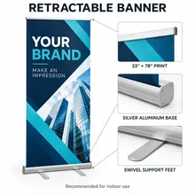 Retractable banner guide showing the graphic, support pole and storage base