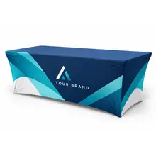 Six-foot custom stretch table cover fitted around a table on a white background