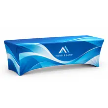 Eight-foot custom stretch table cover fitted around a table on a white background