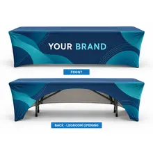 Front and back views of a stretch table cover showing the rear leg opening