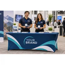 Custom stretch table cover fitted around a booth table at a business expo