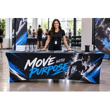 Eight-foot custom stretch table cover at a fitness event