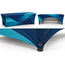 Close-up of a fitted stretch cover corner and its table-leg loop
