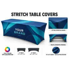 Stretch table cover guide showing the fitted shape, rear opening and leg loops