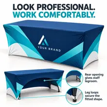 Rear opening of a stretch table cover with space for a seated person