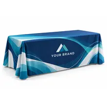 Six-foot custom printed table throw shown on a white background