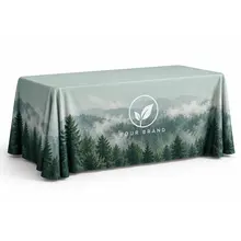 Four-foot custom printed table throw shown on a white background