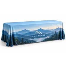 Eight-foot custom printed table throw shown on a white background