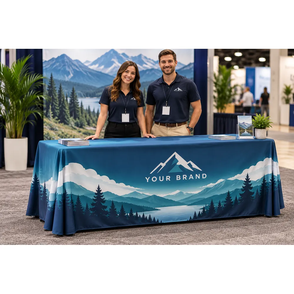 Custom full-color table throw at a business expo with staff behind the booth