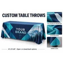 Custom table throw guide showing full-color print, table lengths and back styles