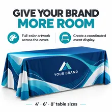 Custom printed table throw presenting a business brand across the front panel