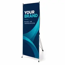 Custom X-banner stand with a blue sample graphic on a clean white background