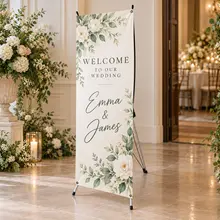Custom X-banner welcome sign displayed at a wedding