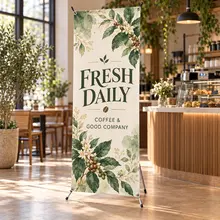 Custom X-banner with a restaurant promotion displayed beside a dining area