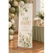 Custom baby shower X-banner welcome sign displayed at an event