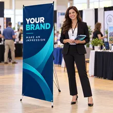 Attendee standing beside a custom X-banner at an indoor event