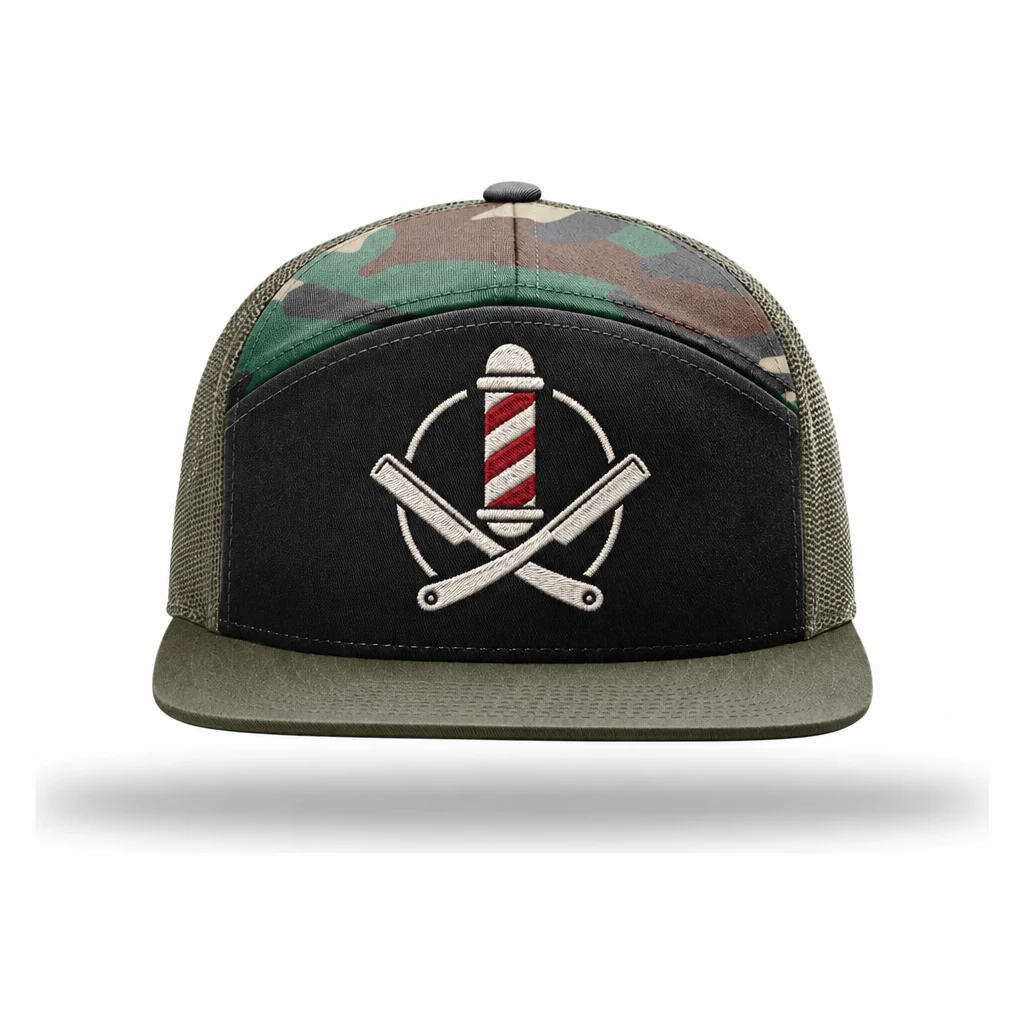 Richardson 7-Panel Trucker — Style 168 embroidery flat in Black/ Green Camo/ Loden
