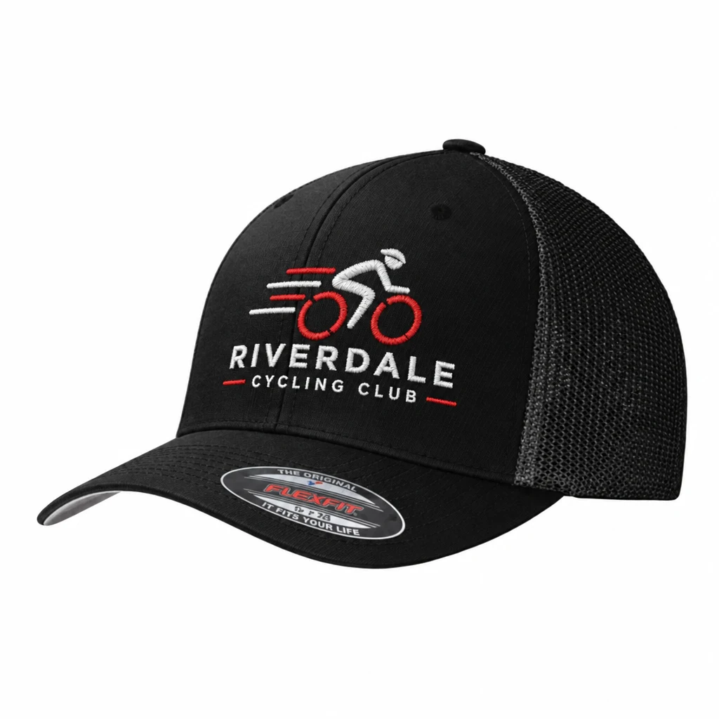 Port Authority Flexfit Mesh Back Cap — Style C812 embroidery flat in Black/ Black