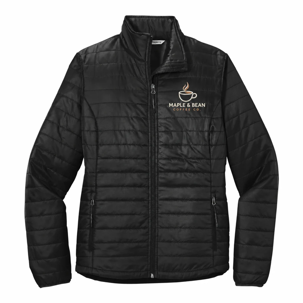Port Authority Women's Packable Puffy Jacket — Style L850 embroidery flat example in Deep Black