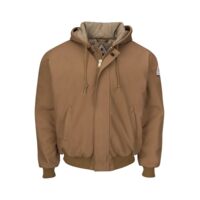 Men's Insulated Brown Duck Hooded Jacket with Knit Trim Thumbnail